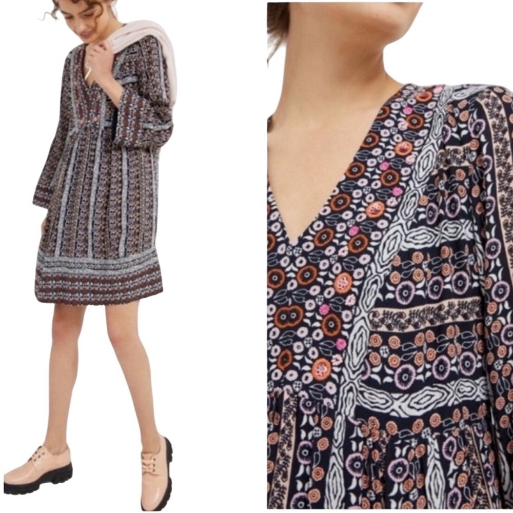 Maeve Anthropologie Naomi Embroidered Beaded Tunic Dress Blue Floral Boho Large